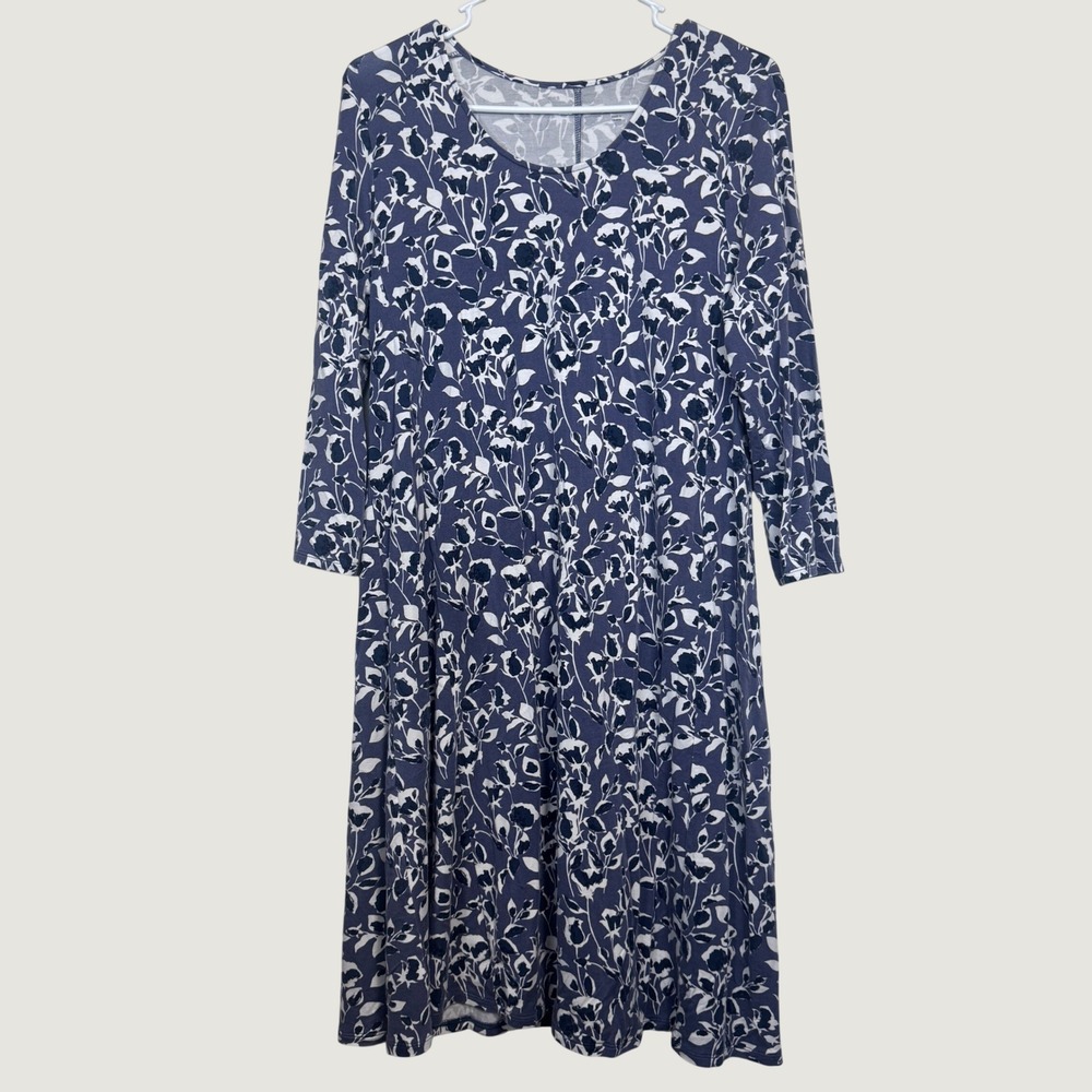 Garnet Hill Floral Tencel Knit Dress Navy Blue White 3/4 Sleeve A-Line Large